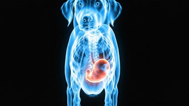 A video showcasing the internal anatomy of a dog with a highlighted digestive system in a medical video.