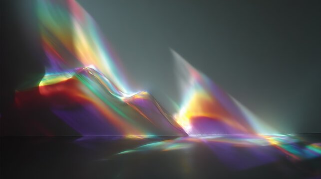 Colorful full‑spectrum abstract light projection on subtly textured gray grainy background, undulating rainbow‑hued light shapes spreading across frame with bright central and bottom highlights