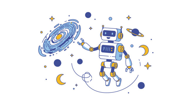 Cartoon robot interacting with galaxy and planets on white background