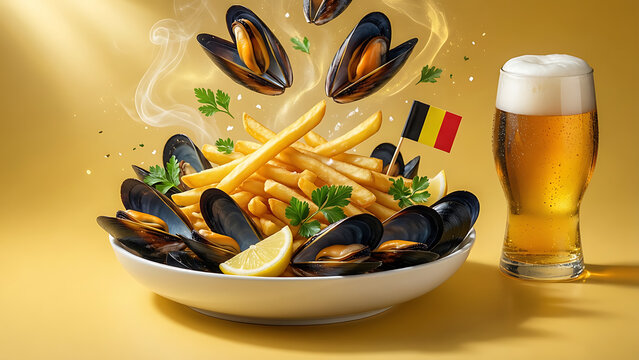 Assiette de moules frites avec bi&egrave;re blonde isol&eacute;e sur fond transparent