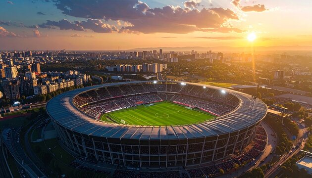 Modern sports stadium at sunset with bright green field and city skyline