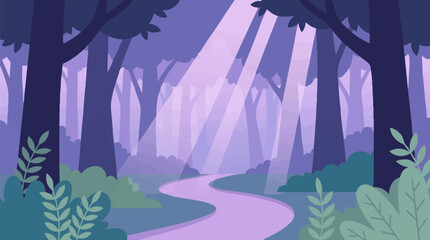 Fototapeta premium Dreamy forest path with mystical sunbeams and purple trees illustration