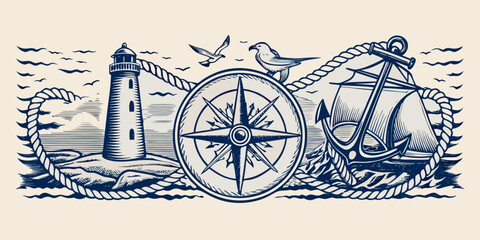 nautical scene with lighthouse compass and sailboat in vintage style © Achinta