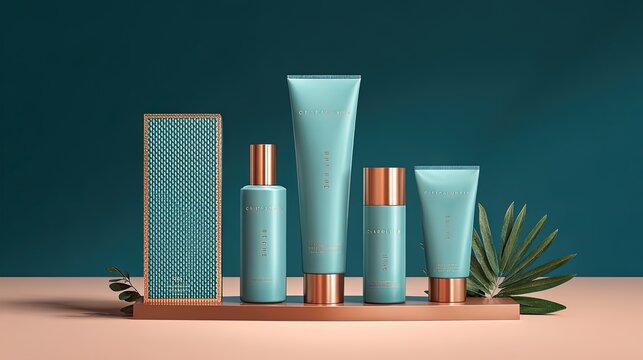 Teal and copper cosmetic containers arranged on a rectangular platform against a dark teal wall and a pale pink surface
