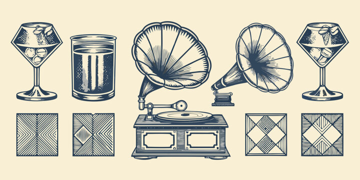 Vintage art deco illustrations of cocktails gramophones and geometric patterns