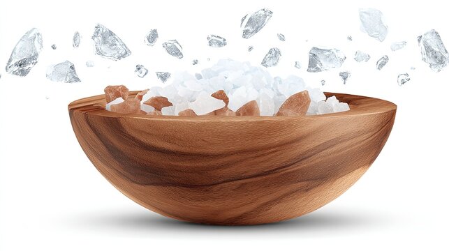 White and pink rock salt crystals in a wooden bowl with floating ice cubes isolated on a plain white background