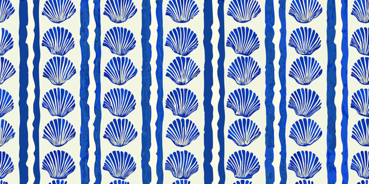 Blue scallop shell and striped pattern seamless repeat