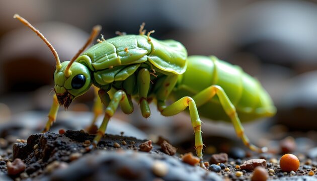 The image features a close up view of a bright green insect with an elongated body and large, prominent eyes, situated on a textured surface composed of small rocks and soil