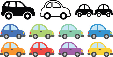 Cute Cartoon Car Icon Set with Black Silhouette Outline and Colorful Flat Vehicles Collection for Kids Transportation Design © MDBABULU