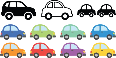 Fotobehang Auto Cute Cartoon Car Icon Set with Black Silhouette Outline and Colorful Flat Vehicles Collection for Kids Transportation Design  © MDBABULU