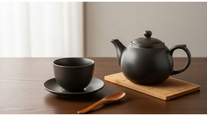 Fototapeta premium Traditional ceramic tea set with teapot, cups and saucer on table