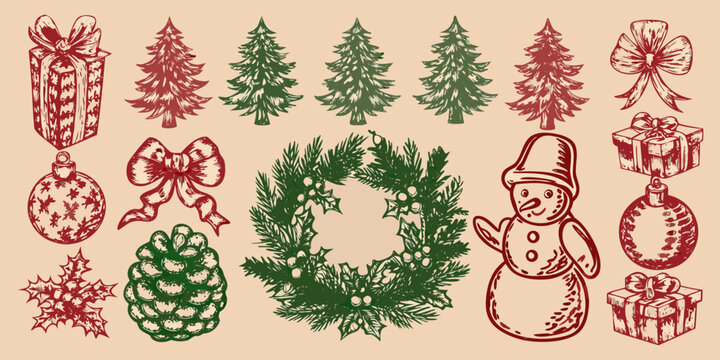 christmas sketches collection with trees gifts and snowman