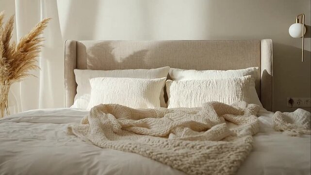 Cozy beige bedroom interior with messy bed and pampas grass decor in soft sunlight.