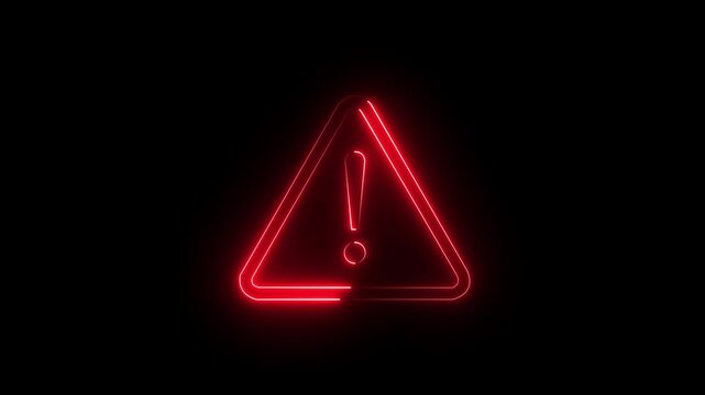 Animation of glowing neon Warning attention icon signal , alert , risk , safety, danger road warning sign animated .neon sign Warning alert .4K black background