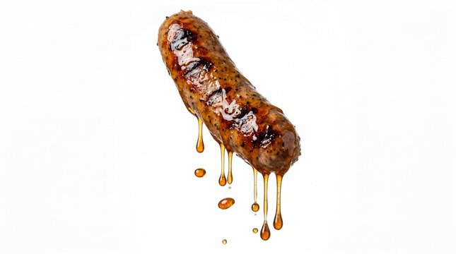 Grilled sausage sizzles with caramelized onions and savory sauce dripping.