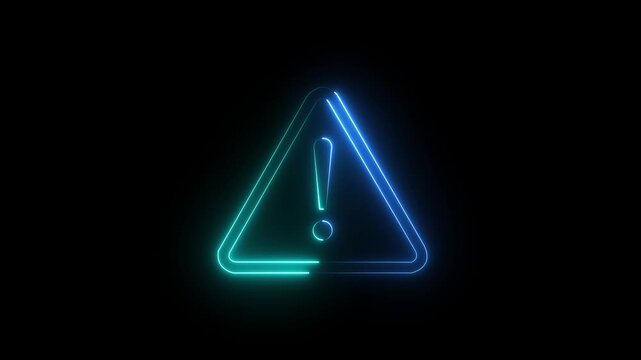 Animation of glowing neon Warning attention icon signal , alert , risk , safety, danger road warning sign animated .neon sign Warning alert .4K black background