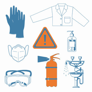 Safety equipment illustration with gloves mask glasses fire extinguisher and sink