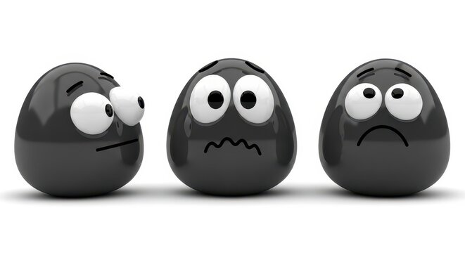 Three Cute 3D Black Glossy Characters with Different Facial Expression