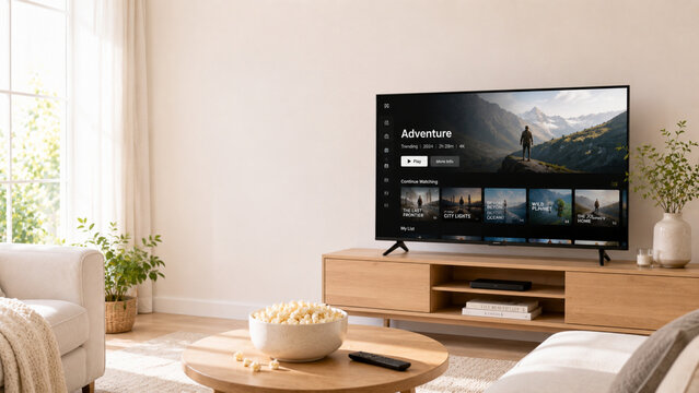 Television with streaming interface and popcorn on table
