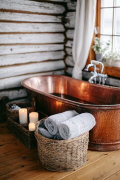 In the farmhouse bathroom, a copper freestanding tub sits beside baskets filled with rolled towels. Candles add a gentle light to the wooden space. Large windows let in natural light