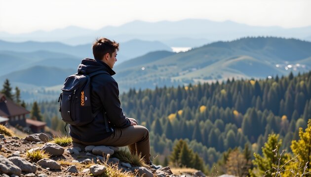 A person is sitting on a rocky outcrop, facing away from the camera, gazing at a vast landscape of rolling hills and dense forests