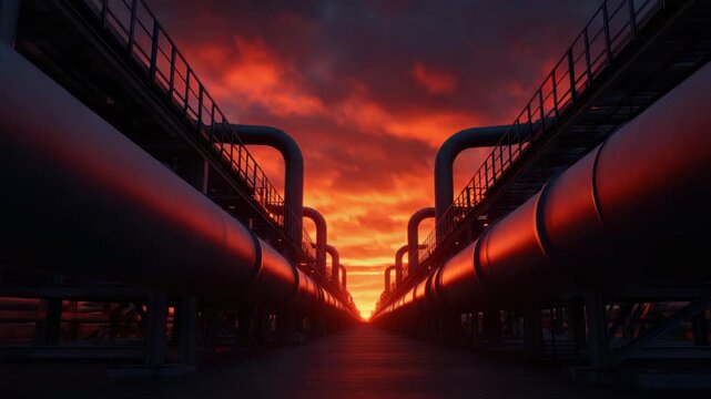 Industrial pipeline corridor at sunset with dramatic orange sky, steel structure, symmetry, perspective, factory refinery infrastructure, industrial pipe tunnel energy scene