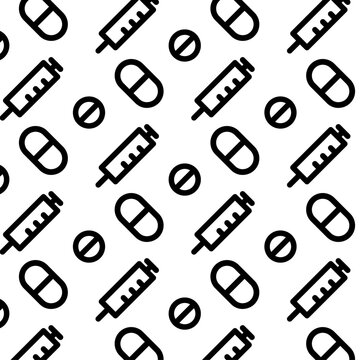 背景素材 医療 線画 注射器 カプセル 錠剤 ベクターイラスト