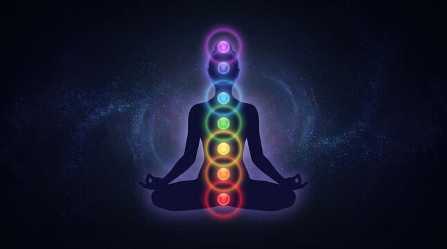 Glowing Seven Chakra Points on Meditating Human Silhouette Against Cosmic Background, Energy Healing Concept