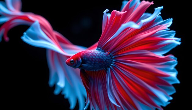 The image features a vibrant, colorful fish with a striking, flowing tail that resembles a blooming flower