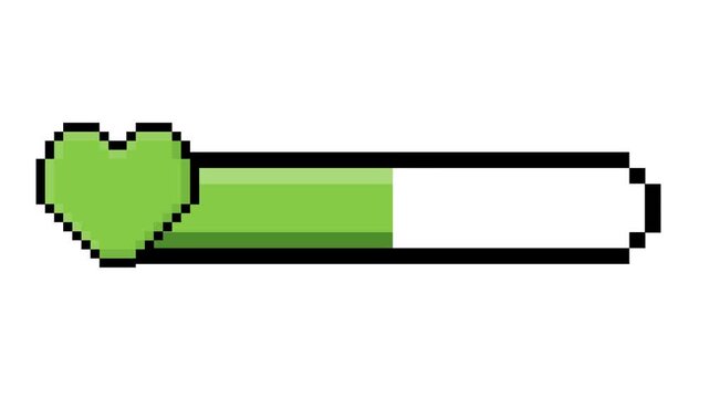 Retro pixel art vitality progress bar featuring a stylized green heart, depicting game health or life status indicator, a core concept for player engagement in digital interfaces