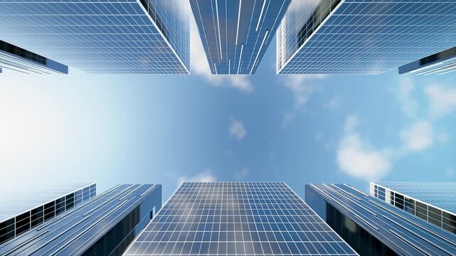 3D rendering of skyscrapers rising toward sky with reflective glass facades, sunlight and drifting clouds. Cinematic slow-motion pan enhances urban skyline, showcasing real estate, property investment