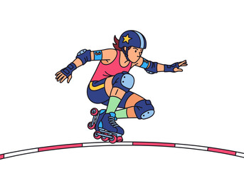 Fototapeta premium Roller derby vector girl skating on track with protective gear