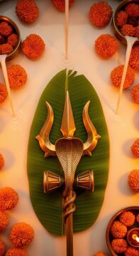 Shiva trident with marigold flowers offerings.