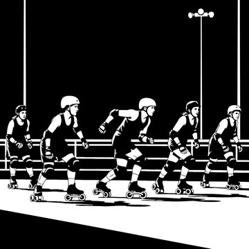 Roller derby vector scene with athletes skating on competitive track