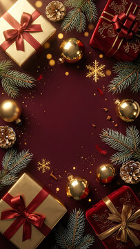 Cadeaux de No&euml;l festifs avec ornements dor&eacute;s et branches de sapin