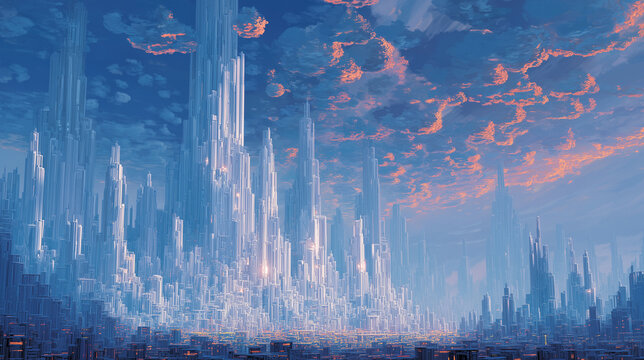 Panoramic futuristic city of blue glass spires under peach-lit clouds at dawn with soft atmospheric haze