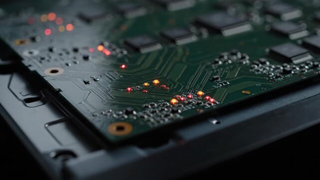 Close up of a green circuit board with glowing orange lights and black chips indicating technology and data processing