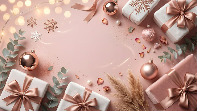 Cadeaux de No&euml;l roses et d&eacute;corations festives avec lumi&egrave;res douces