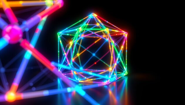The image features a geometric arrangement of interconnected neon lights forming a complex polyhedral shape, illuminated with vibrant colors including blue, green, yellow, red, and purple