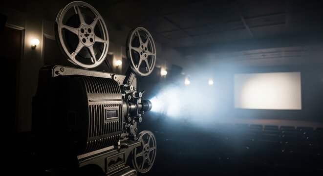 Vintage Film Projector in a Dark Cinema Theater Projecting a Bright Be