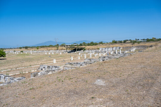 Wide landscape of Pella ruins with mountains