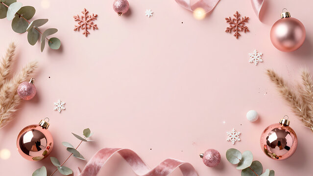 Cadre de No&euml;l rose avec ornements, flocons de neige et eucalyptus