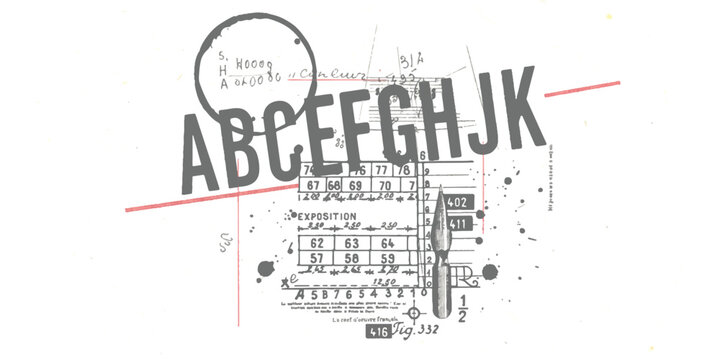 Vintage technical drawing with letters and fountain pen nib illustration