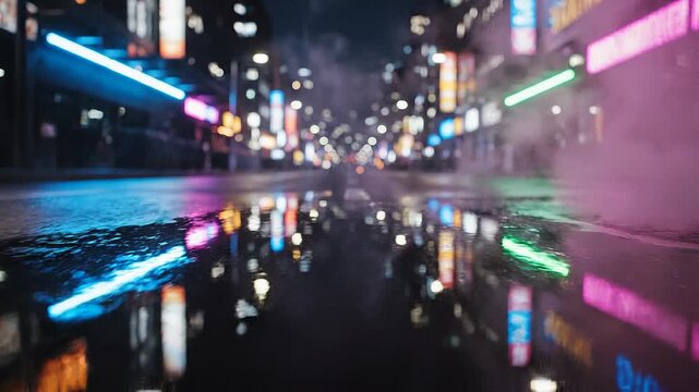 Neon reflections on wet asphalt and smoke concept. Night city street with colorful neon lights reflecting on wet pavement and steam rising from a grate