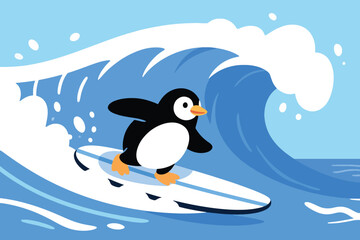 Naklejka premium Cute Penguin Vector Surfing In The Sea With Big Waves Illustration Creative Design Template 