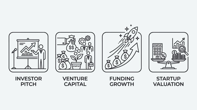 black and white startup funding icons including investor pitch, venture capital, funding growth, startup valuation, vector line art