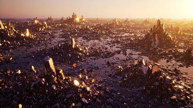 Crystalline alien landscape with sharp rocks and golden light at sunset creating a surreal mood