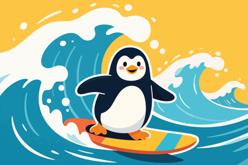 Naklejka premium Penguin Surfing In The Sea Vector Illustration Creative Design Template 