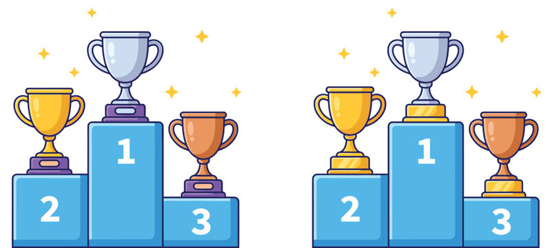Find the difference puzzle with winner podium and gold silver bronze trophies illustrationFind the difference puzzle with winner podium and gold silver bronze trophies illustration