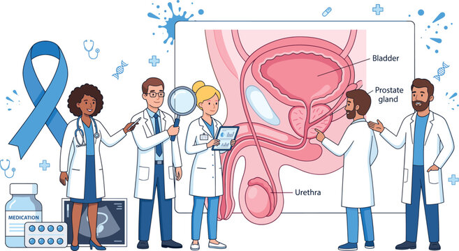 Medical team analyzing male reproductive system for prostate health and cancer awarenessMedical team analyzing male reproductive system for prostate health and cancer awareness